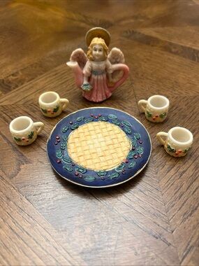 Vintage Mini Tea Pot Shaped Angel w/4 Mini Cups and Saucer - Holly And Ivy